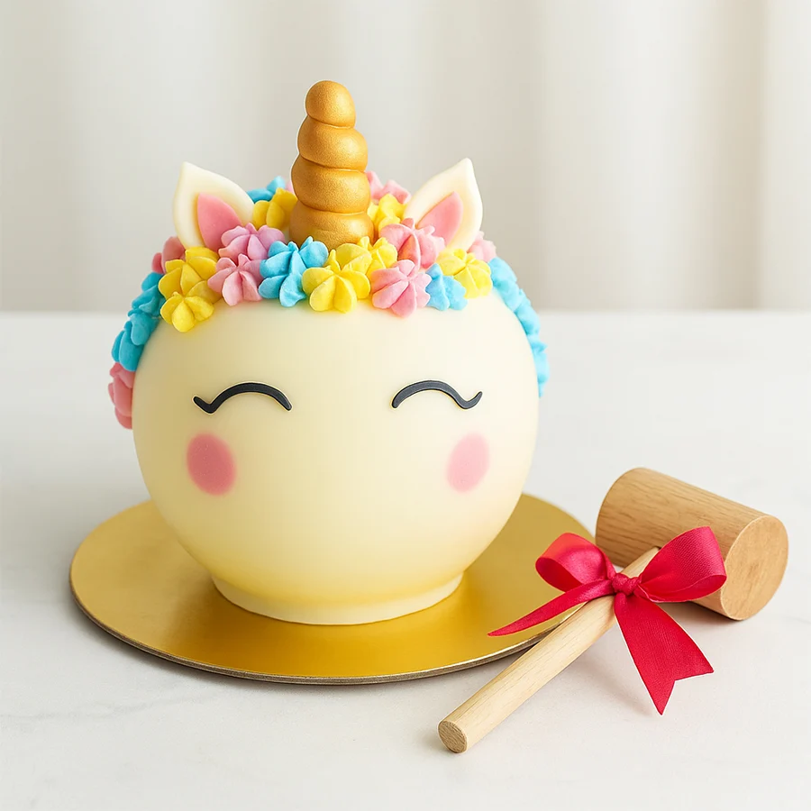 Enchanted Unicorn Piñata Cake with a hammer for smashing, designed for delightful celebrations.