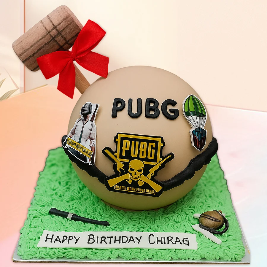 PUBG Styled Smash Cake with hammer for a fun celebration.