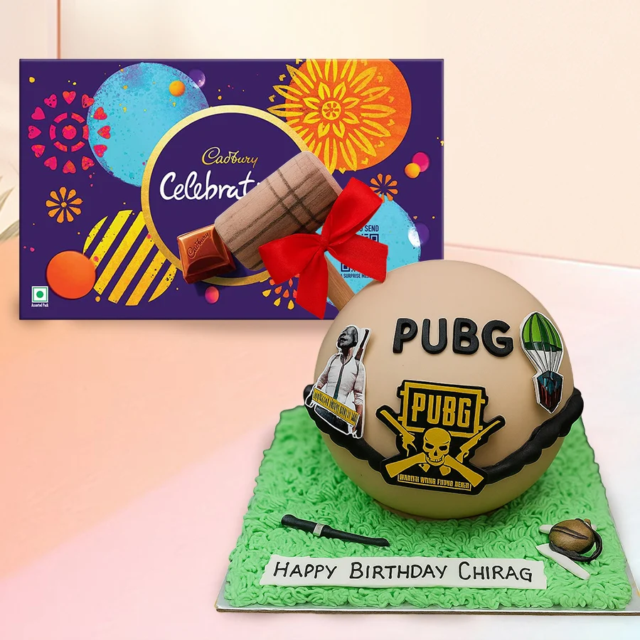 PUBG Styled Smash Cake with Hammer and Cadbury Celebrations Pack, perfect for celebrations.