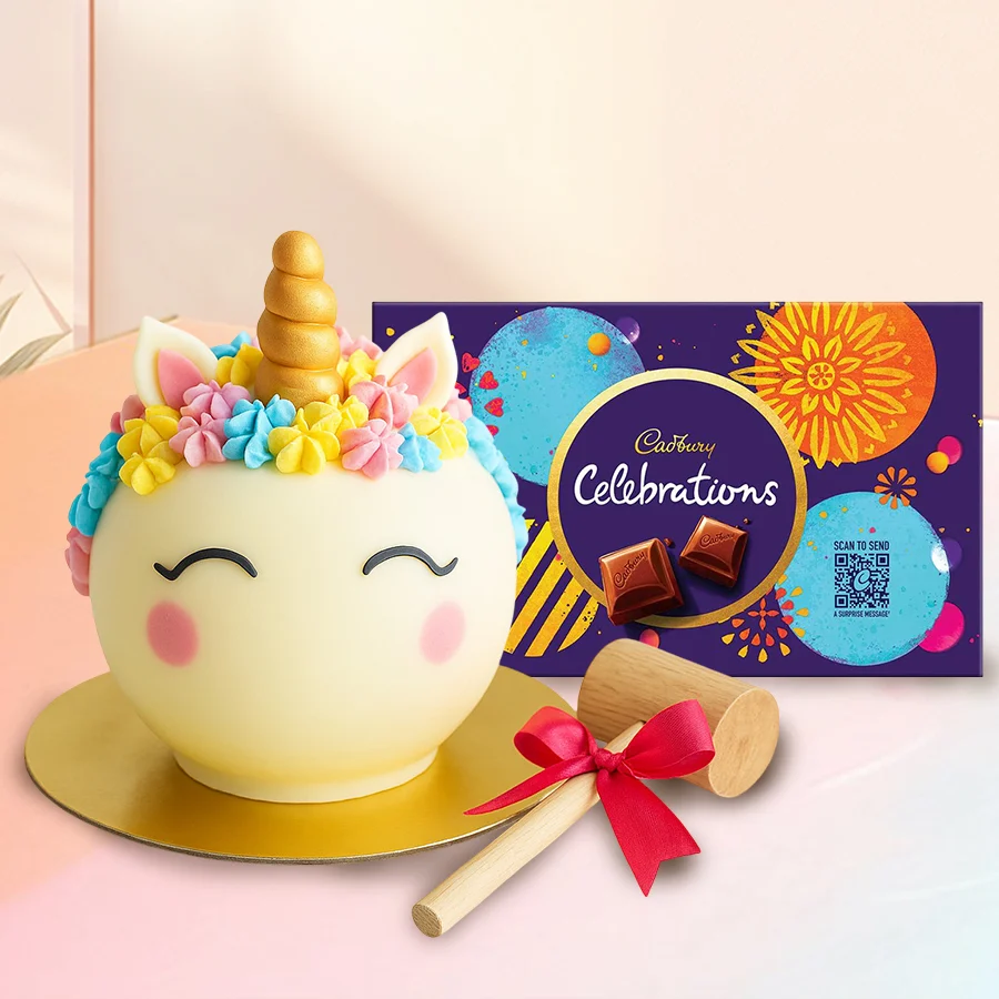 Magical Unicorn Hammer Cake with Cadbury Celebrations Pack and hammer for fun celebrations.