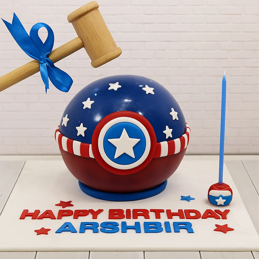 Captain America Smash Cake with a mini hammer for kids, designed for a fun smashing experience.