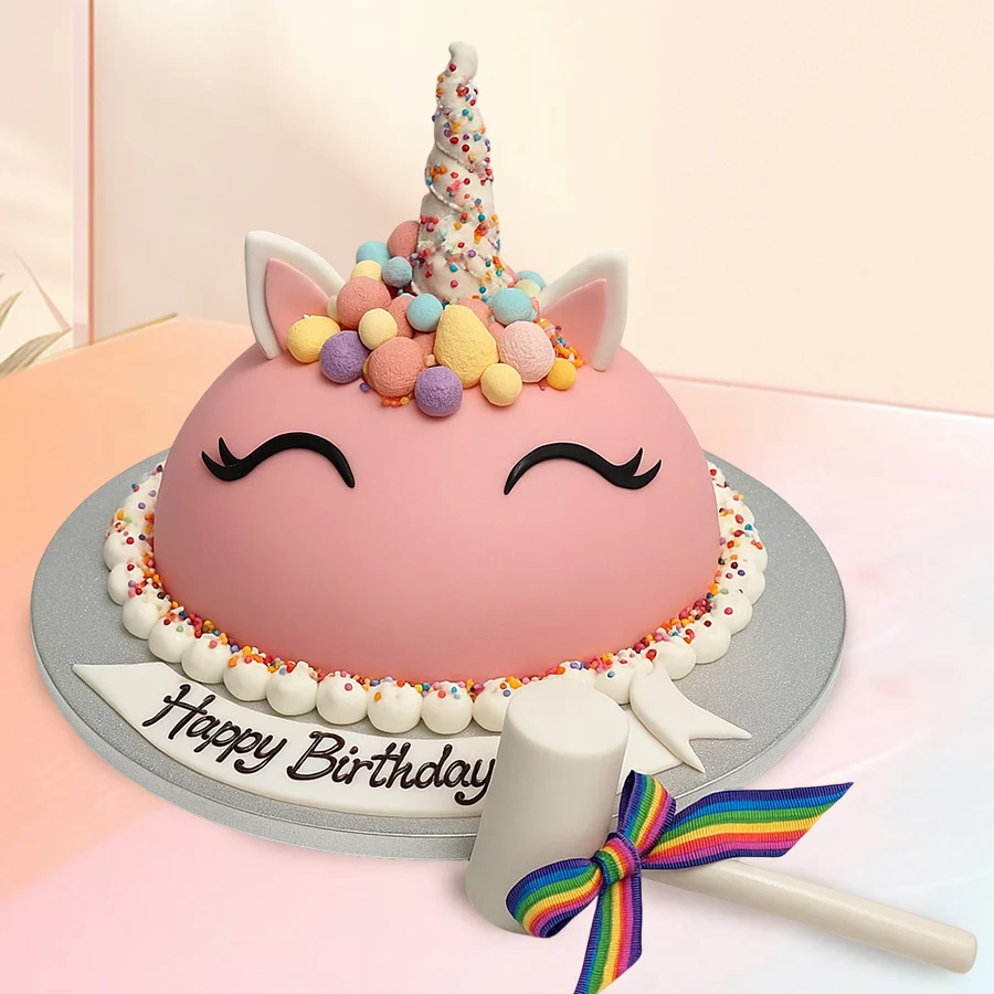 A vibrant Designer Unicorn Smash Cake with a hammer, perfect for celebrations, weighing 2.2 lbs.