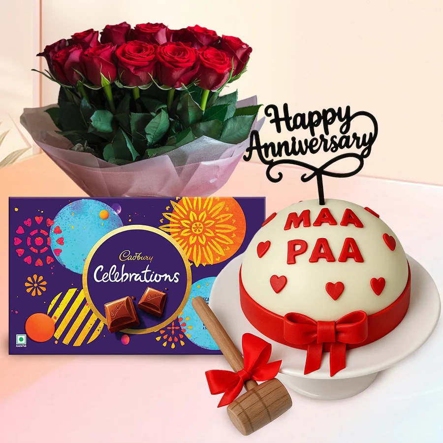 Luscious Round White Pinata Cake with Red Roses and Cadbury Chocolates