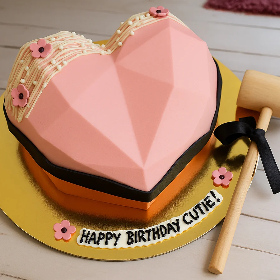 Heart-shaped pink piñata cake with a hammer for smashing, perfect for celebrations.