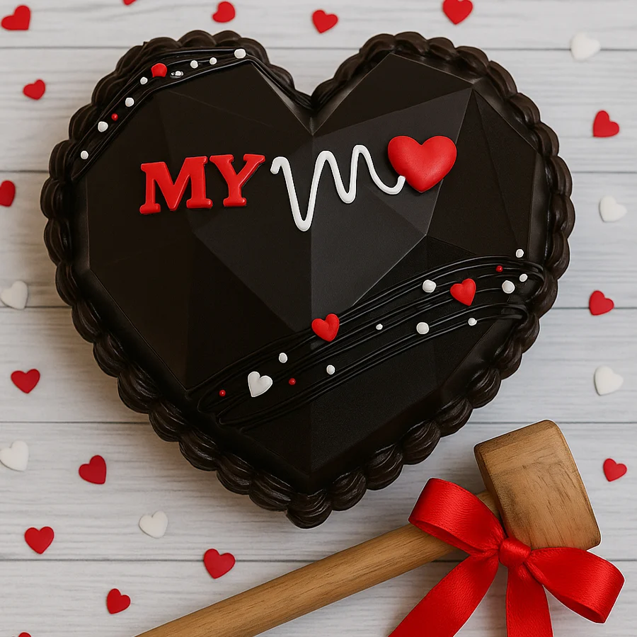 Heartbeat Pinata Cake with hammer for smashing, perfect for celebrations.