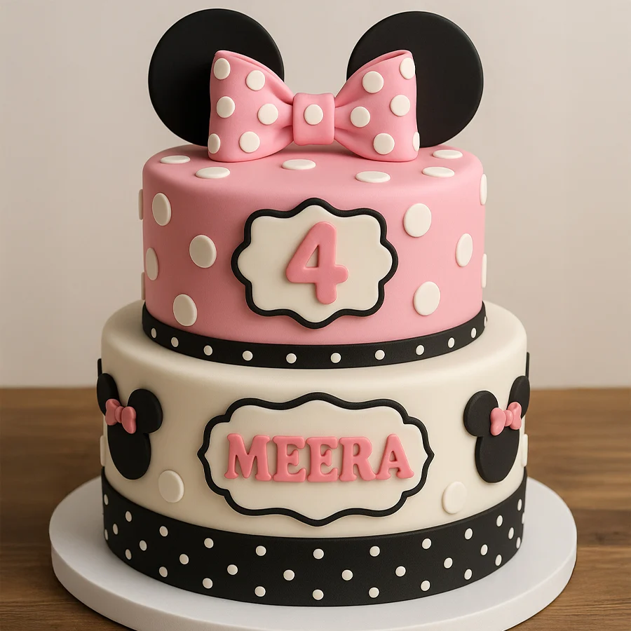 Whimsical Minnie Mouse two-tier birthday cake, weighing 5 kg, perfect for creating memorable celebrations.