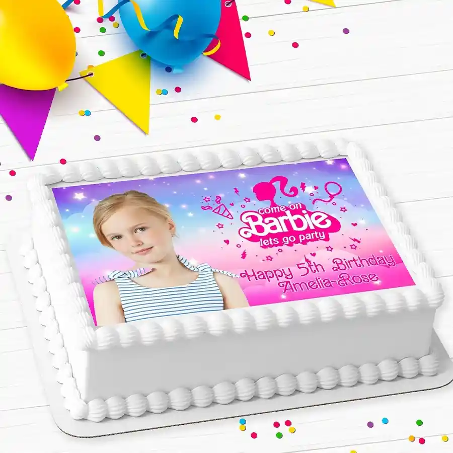 Rectangular Barbie personalized photo cake for kids' party, weighing 2.2 lbs.