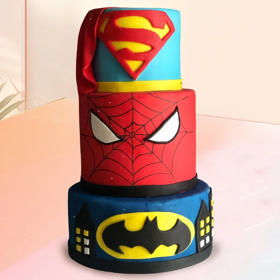 Superhero Fantasy Three-Tier Cake, 3.5 kg, perfect for kids' parties.