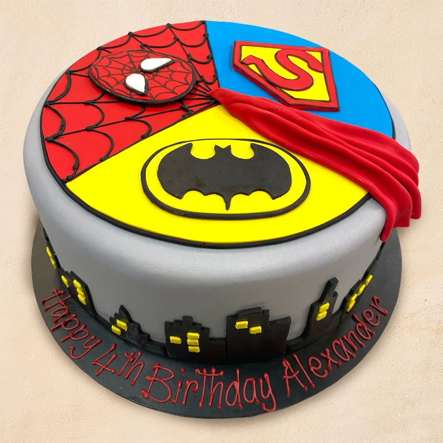 Magical Super Hero Fondant Cake designed for children's parties, perfect for sparking joy and creativity at celebrations.