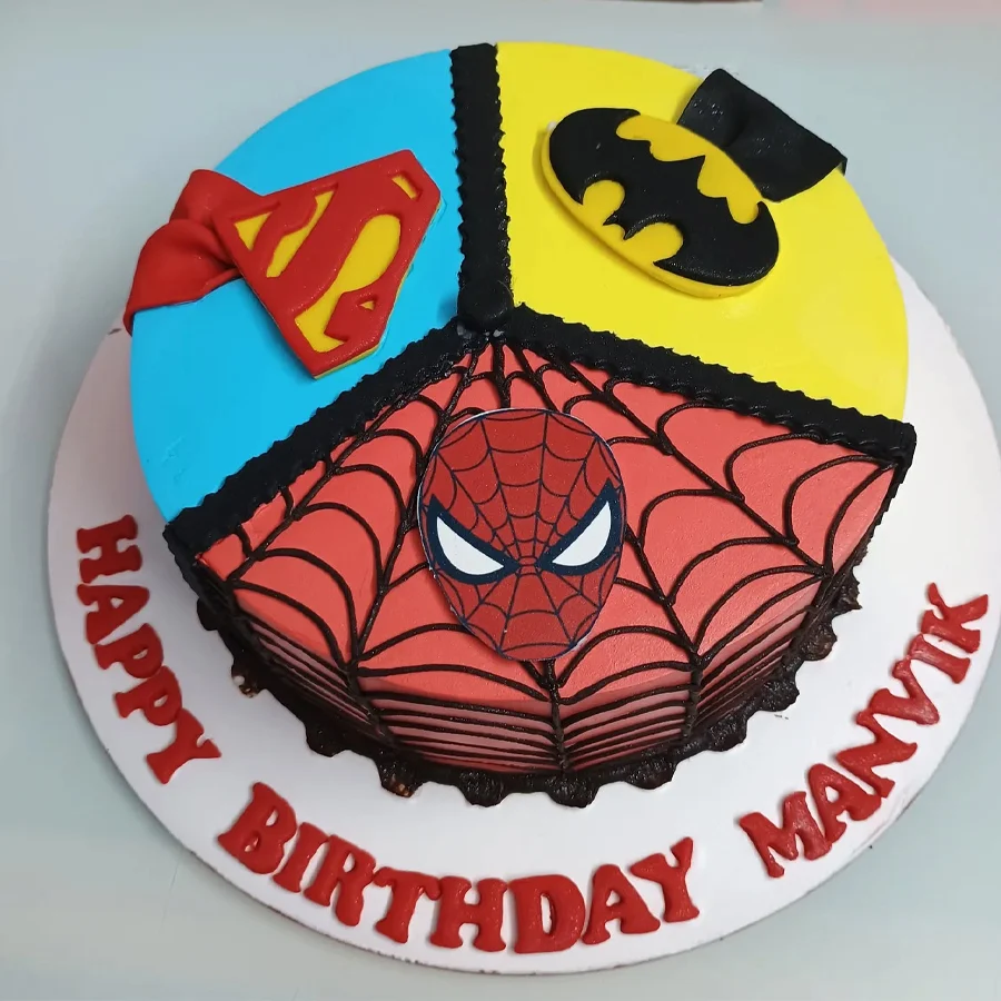 Superhero Fondant Cake for children, bright and colorful design, perfect for celebrations.