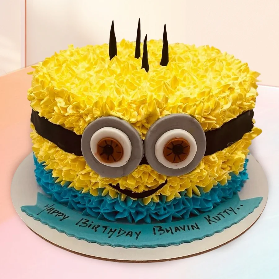 Indulgent Egg-less Minion Cake for birthday celebrations, designed to spread joy and love, weighing 1 lb.