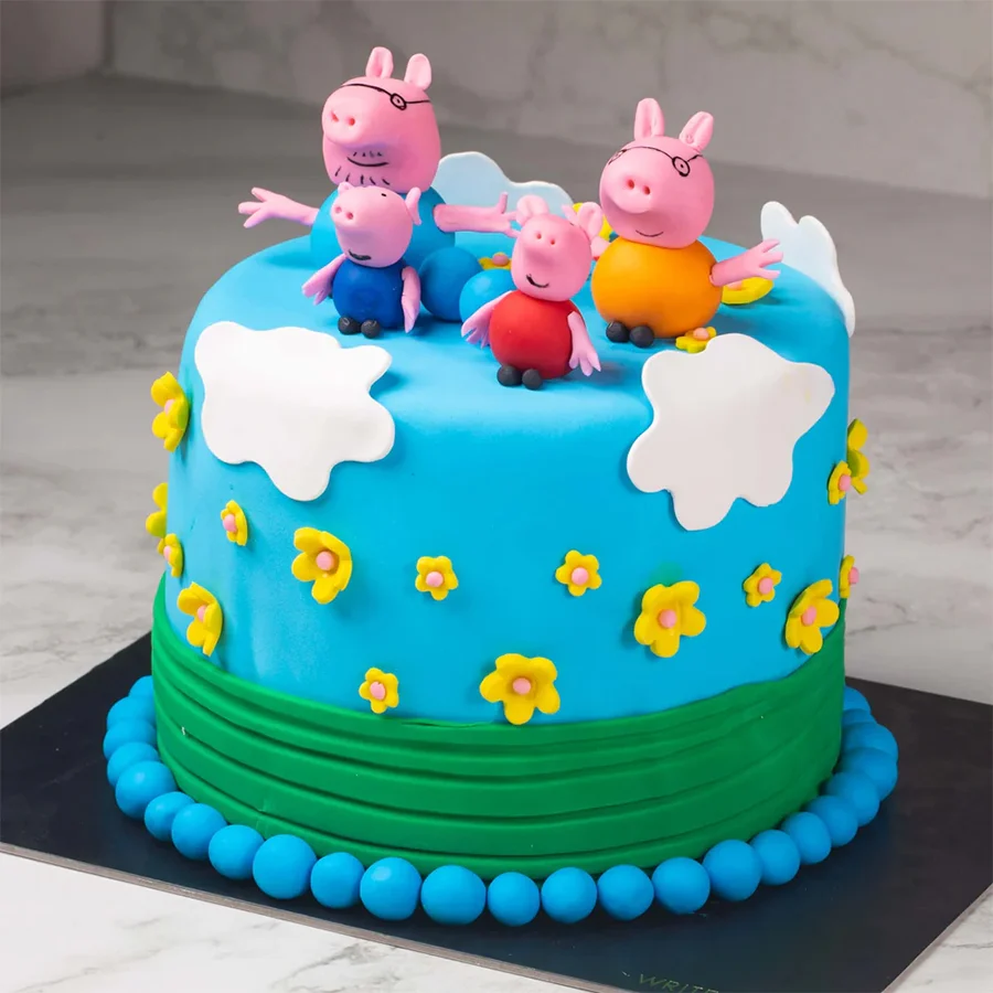 A vibrant Peppa Pig fondant cake, ideal for kids' parties, showcasing colorful decorations and a playful theme.