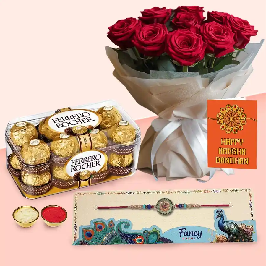 Chocolaty Rakhi Bliss Basket with roses, Ferrero Rocher, and a traditional Rakhi for Raksha Bandhan.