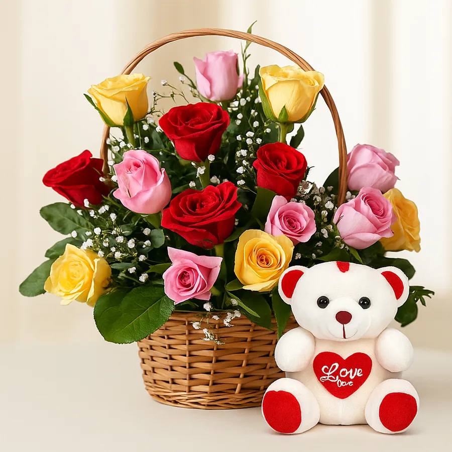 Gift combo featuring 15 mixed roses and a 6-inch teddy bear.