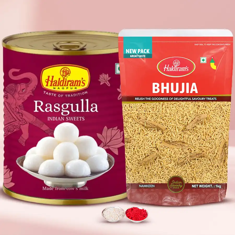 Haldirams Rasgulla and Bhujia pack featuring soft sweets and crunchy snacks.
