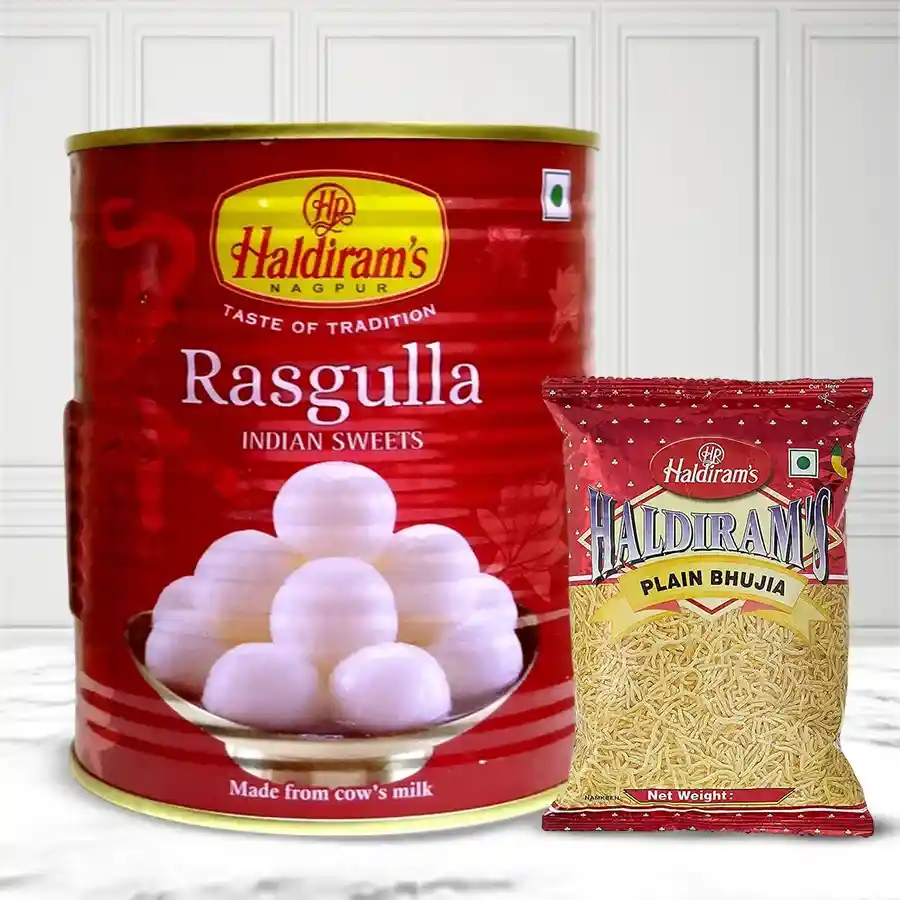 Indulge in a pack of Haldirams Rasgulla and Bhujia, featuring 1 Kg of sweet rasgullas and 200 gms of crispy bhujia.