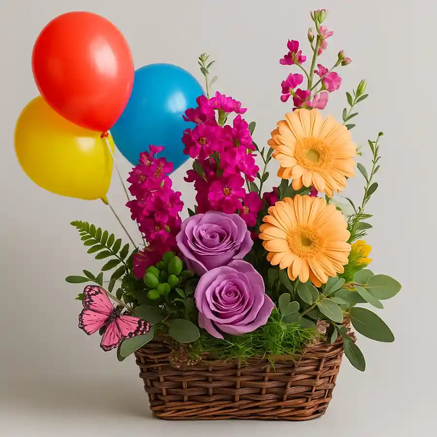 A vibrant basket arrangement featuring 20 flowers and 3 colorful balloons, perfect for gifting and adding joy to any occasion.