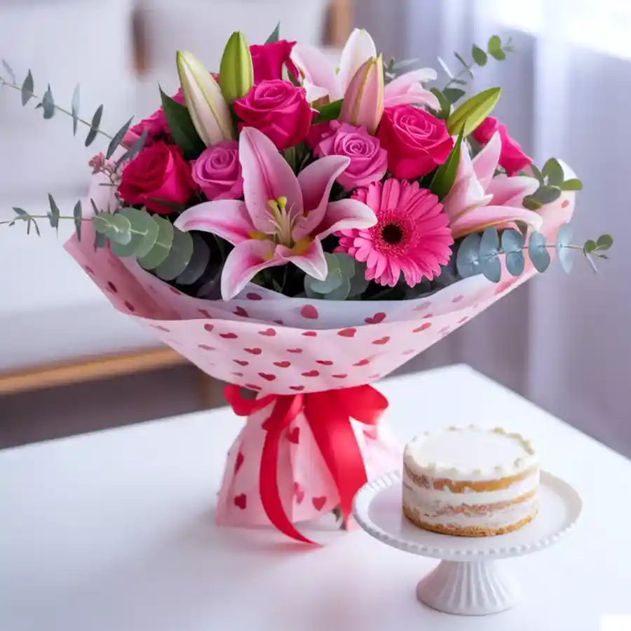 A vibrant medley of 10 mixed flowers alongside a delicious 1/2Kg vanilla cake in a cheerful gift arrangement.
