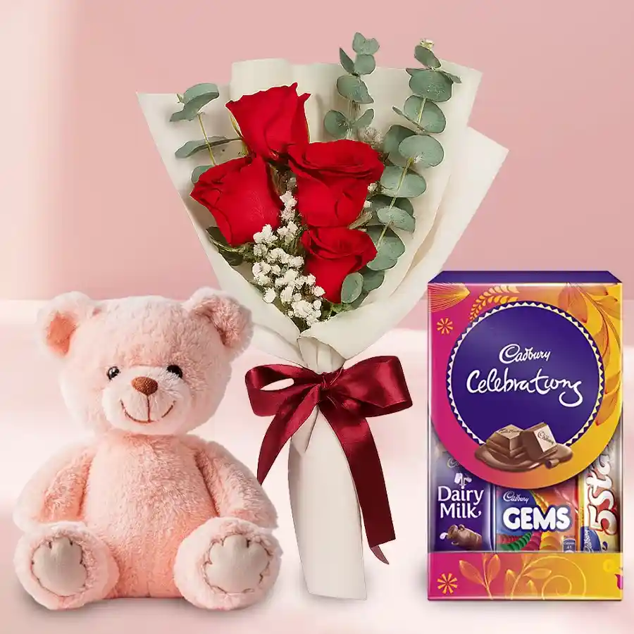 Heartfelt gift combo featuring 3 red roses, a teddy bear, and a Mini Cadbury Celebrations pack.