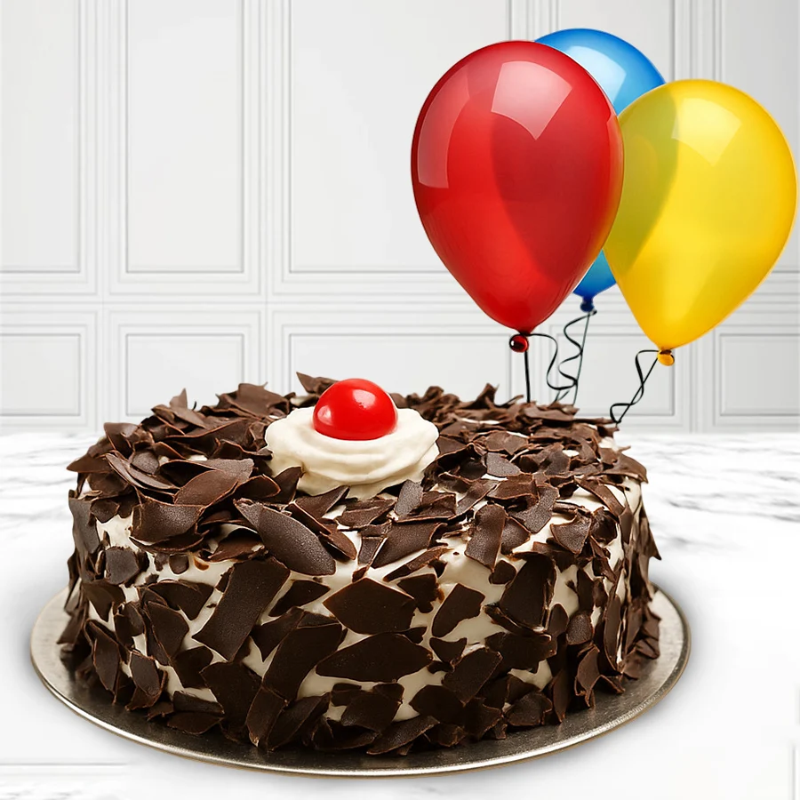 A delightful 1 Kg Black Forest Cake accompanied by 5 colorful balloons, perfect for celebrating special moments.