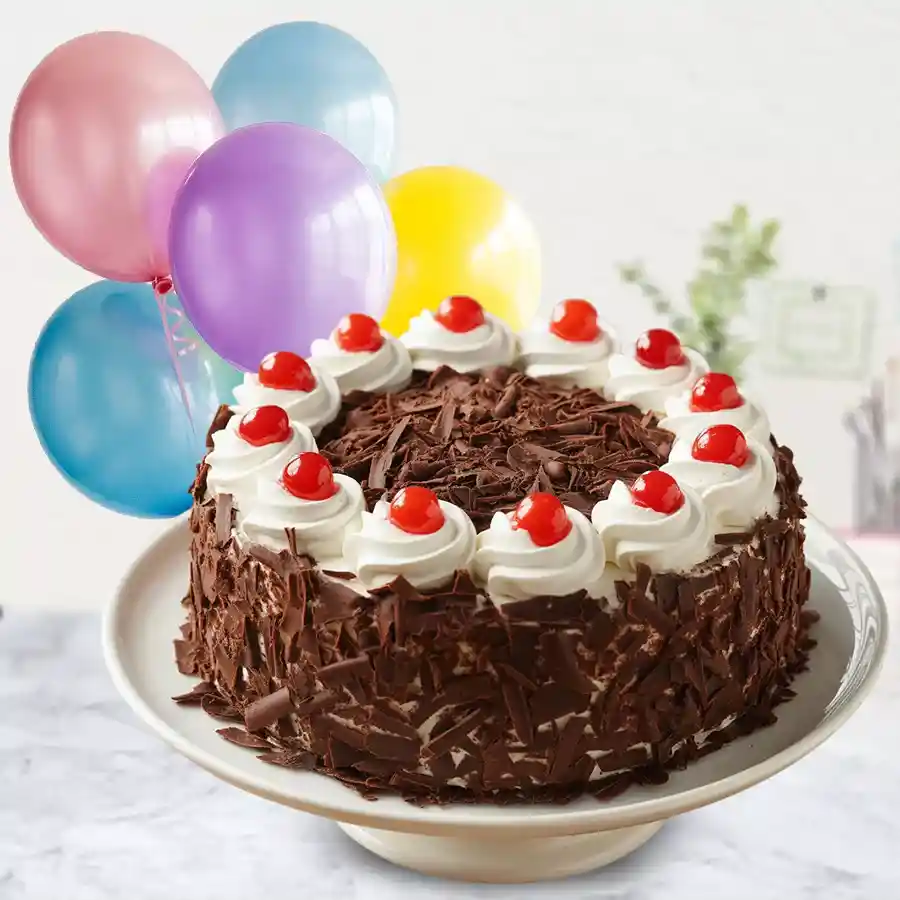 A delightful 1 Kg Black Forest Cake presented with 5 colorful balloons, perfect for gifting.