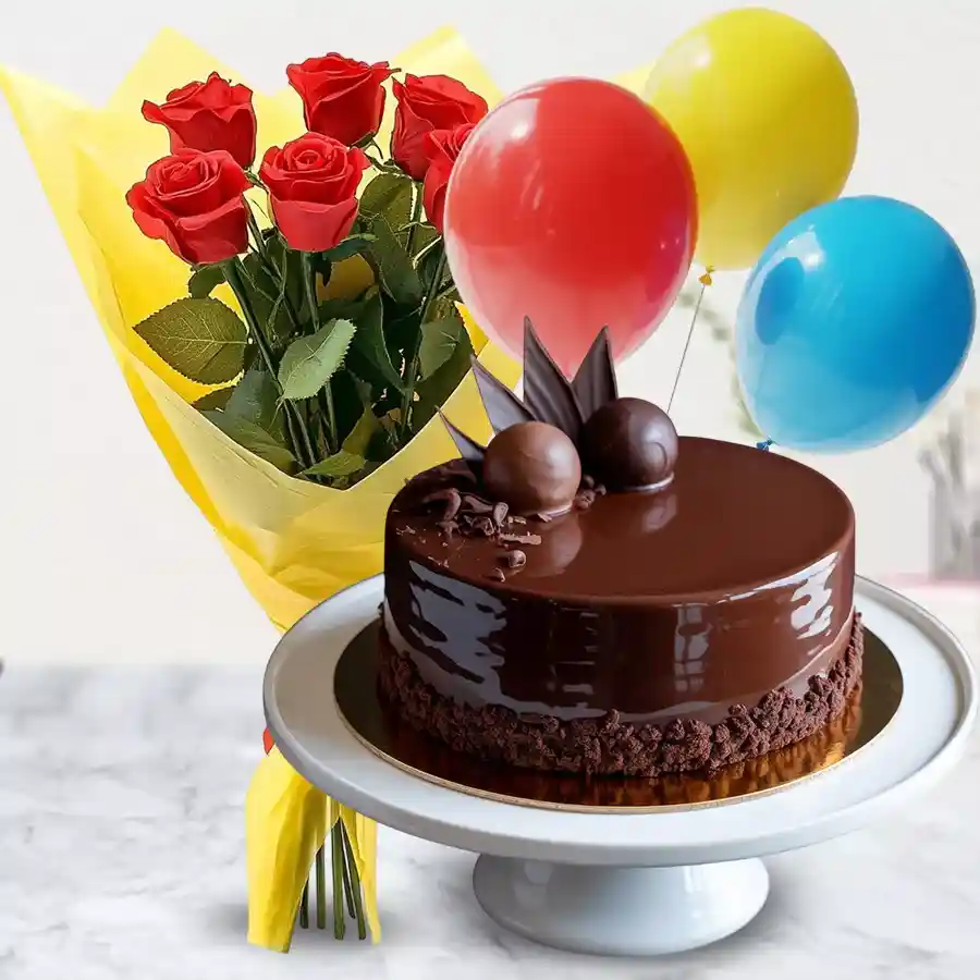 Heartfelt Celebration Gift Combo with truffle cake, red roses, and balloons.