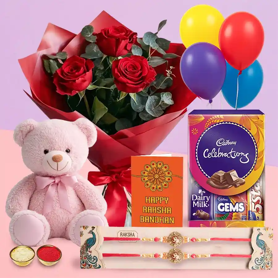 Pure Appreciation Combo Gift Set featuring roses, balloons, a teddy, chocolates, and Rakhis for heartfelt gifting.