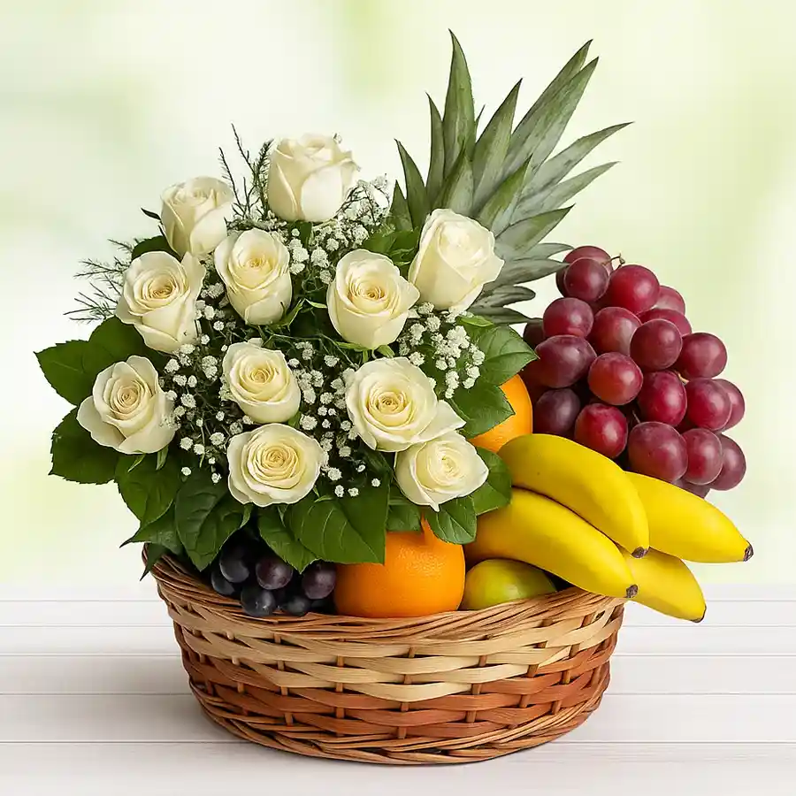 A charming basket featuring 12 white roses and 1 kg of fresh fruits, ideal for expressing gratitude.