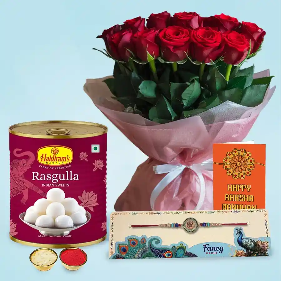 Sweet Sibling Celebration Hamper with Rasgullas and roses.