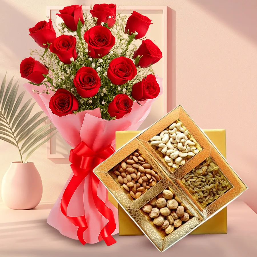 A vibrant bouquet of 12 red roses with a side of mixed dry fruits including cashews, almonds, raisins, and apricots.