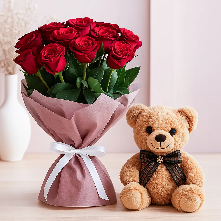 A cozy gift set featuring a 12-inch teddy bear and a bouquet of 12 red roses, ideal for expressing love and affection.