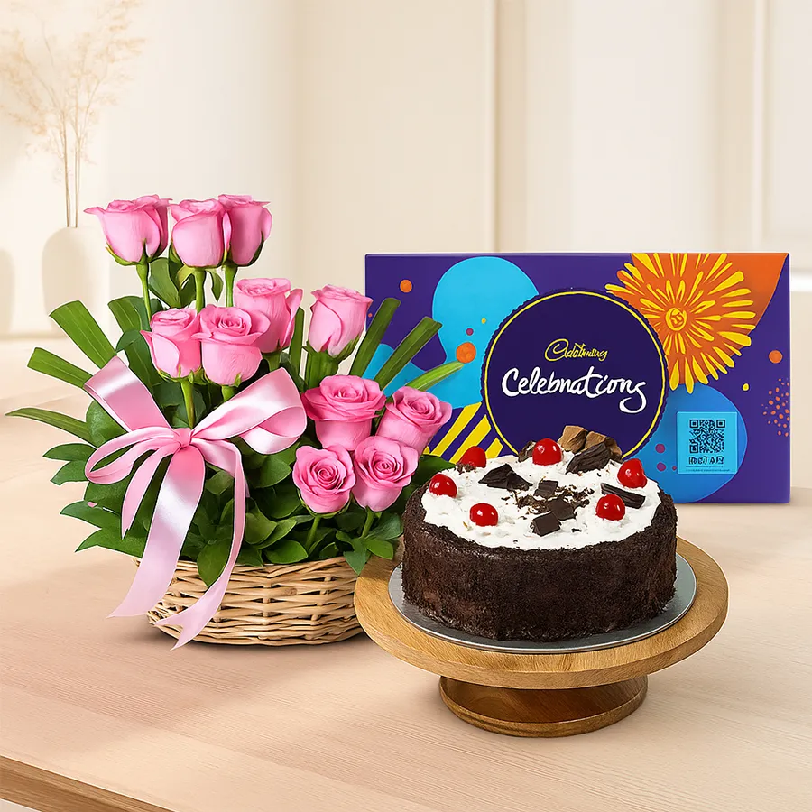 Beautiful pink roses, Black Forest cake, and Cadbury Celebrations in an elegant gift combo.