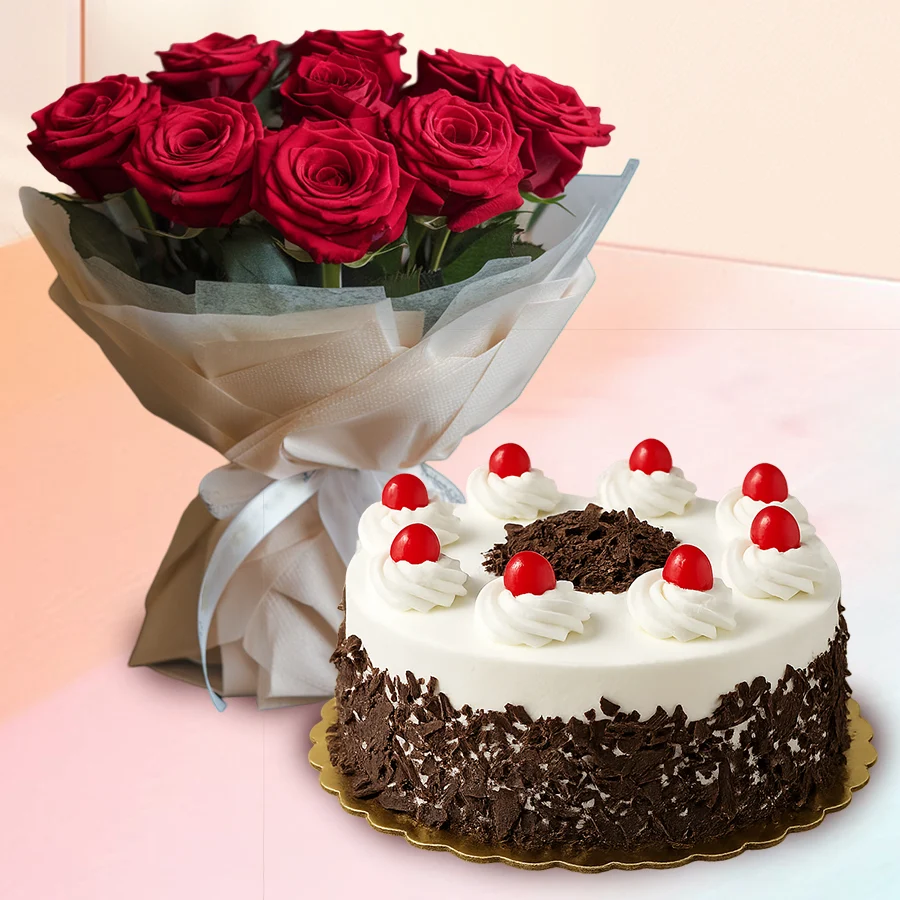 Black Forest Cake paired with a bouquet of 10 red roses, elegantly decorated with tissue.