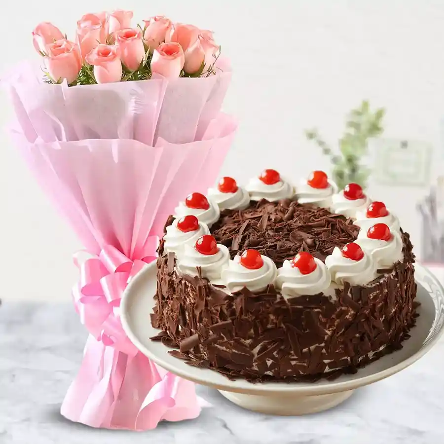 Charming gift of 12 pink roses paired with a 1/2 kg Black Forest cake for Mother's Day.
