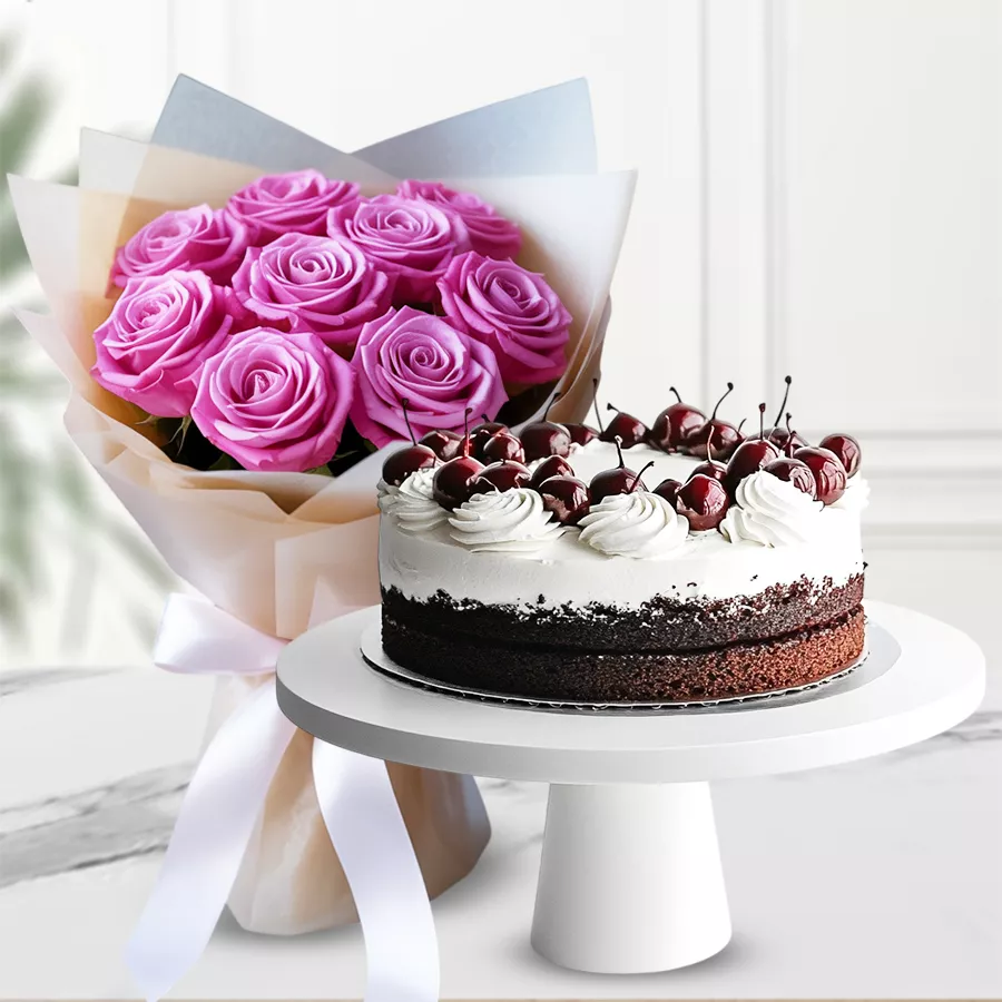 1 lb Black Forest Cake with 8 pink roses bouquet, a perfect gift for special occasions.