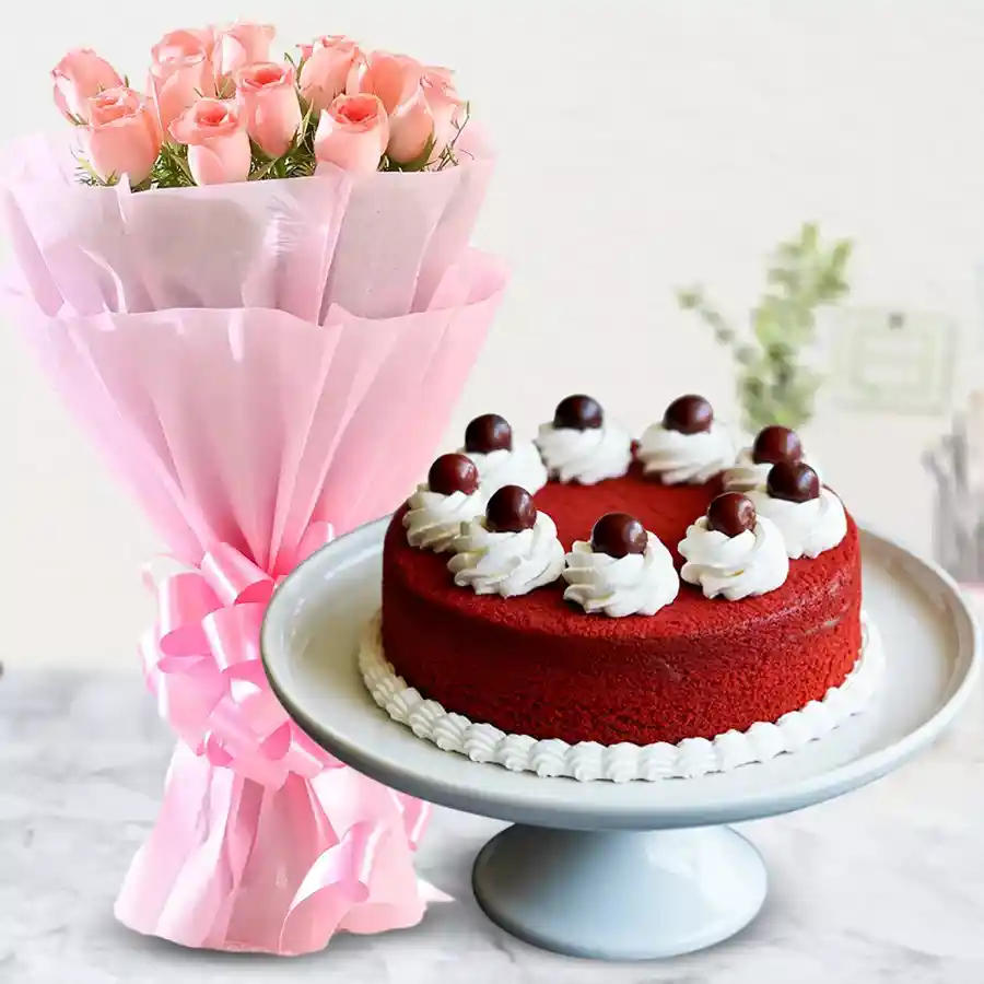 A beautiful bouquet of 10 pink roses alongside a rich red velvet cake, ideal for celebrating special moments.