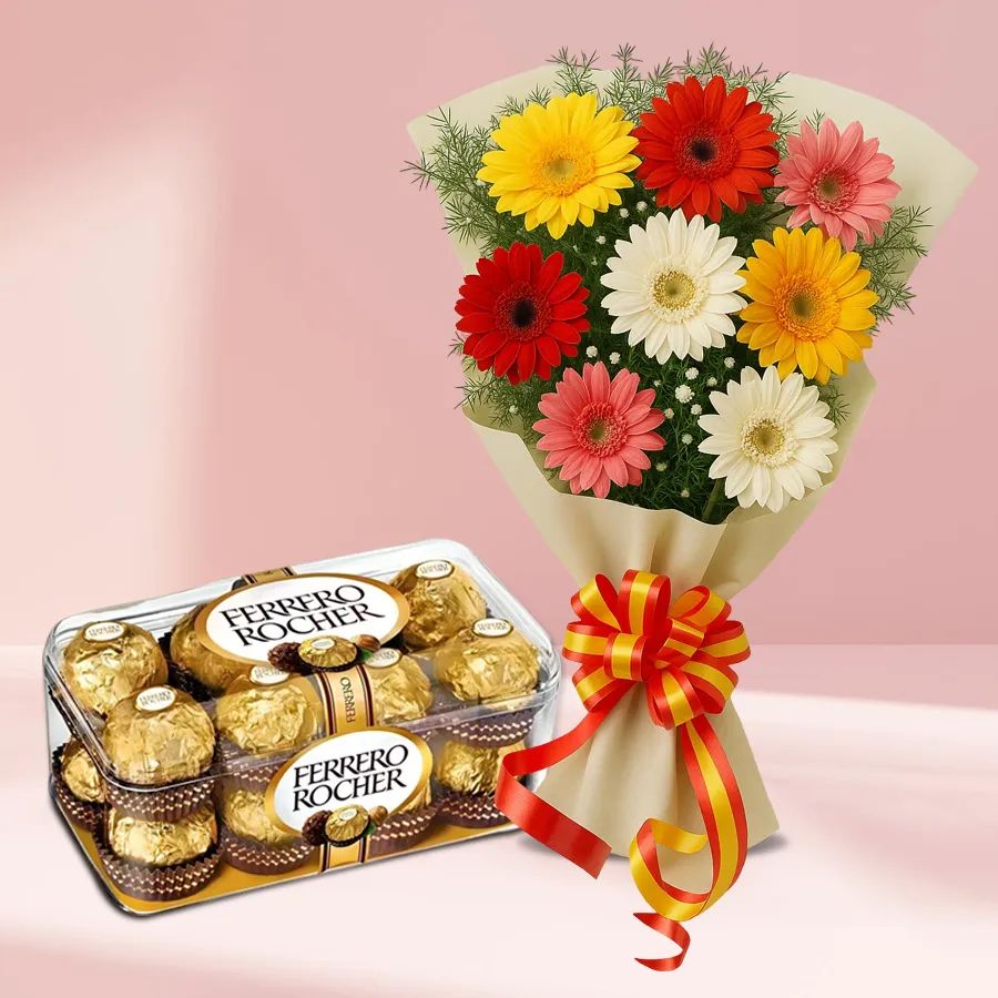A beautiful combination of 16 Ferrero Rocher chocolates and a bouquet of 10 mixed gerberas, ideal for celebrations and gifting.
