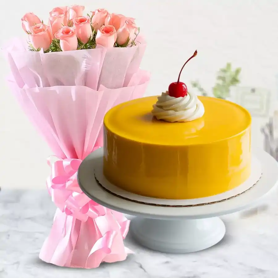A stunning bouquet of 10 pink roses alongside a delectable 1 kg mango cake, perfect for Mother's Day celebrations.