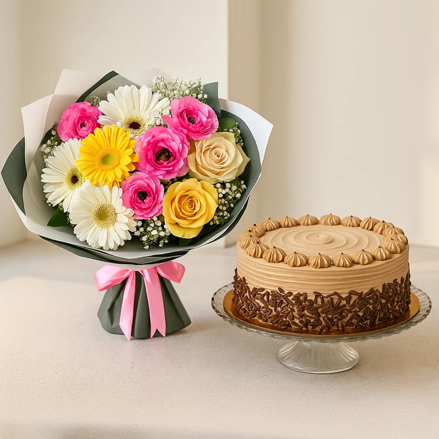 A delightful gift combo featuring a bouquet of 12 mixed flowers and a 2.2Lb coffee cake, ideal for celebrating special moments.