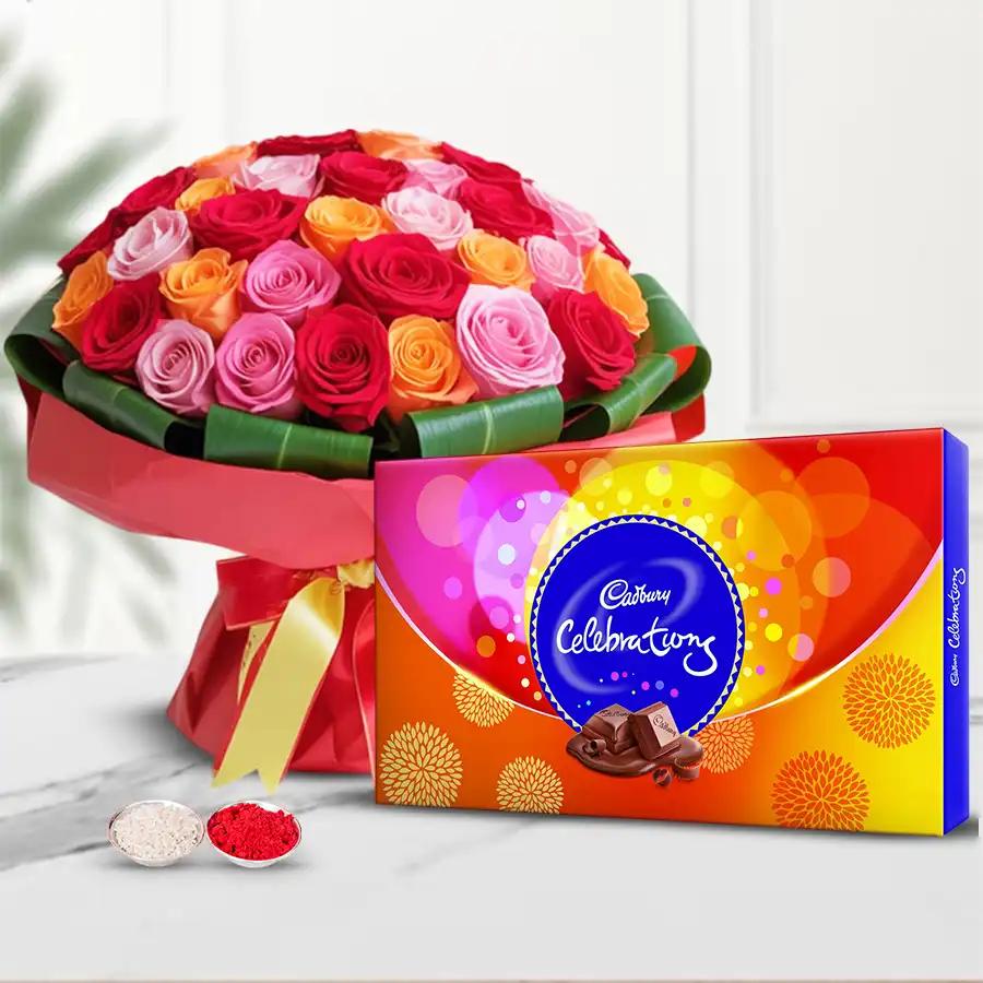 Cadbury Celebrations Pack with 24 mixed roses bouquet for a romantic gift.
