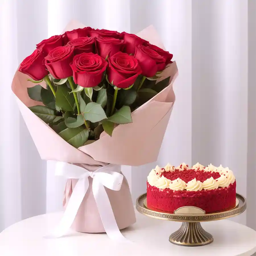 Enchanting Red Velvet Cake with a bouquet of 10 red roses.