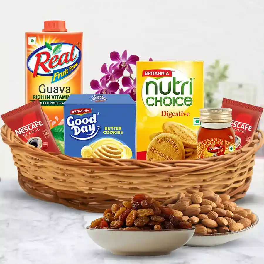 Healthy Gourmet Gift Basket with almonds, raisins, cookies, honey, coffee, and juice, beautifully arranged with orchids.