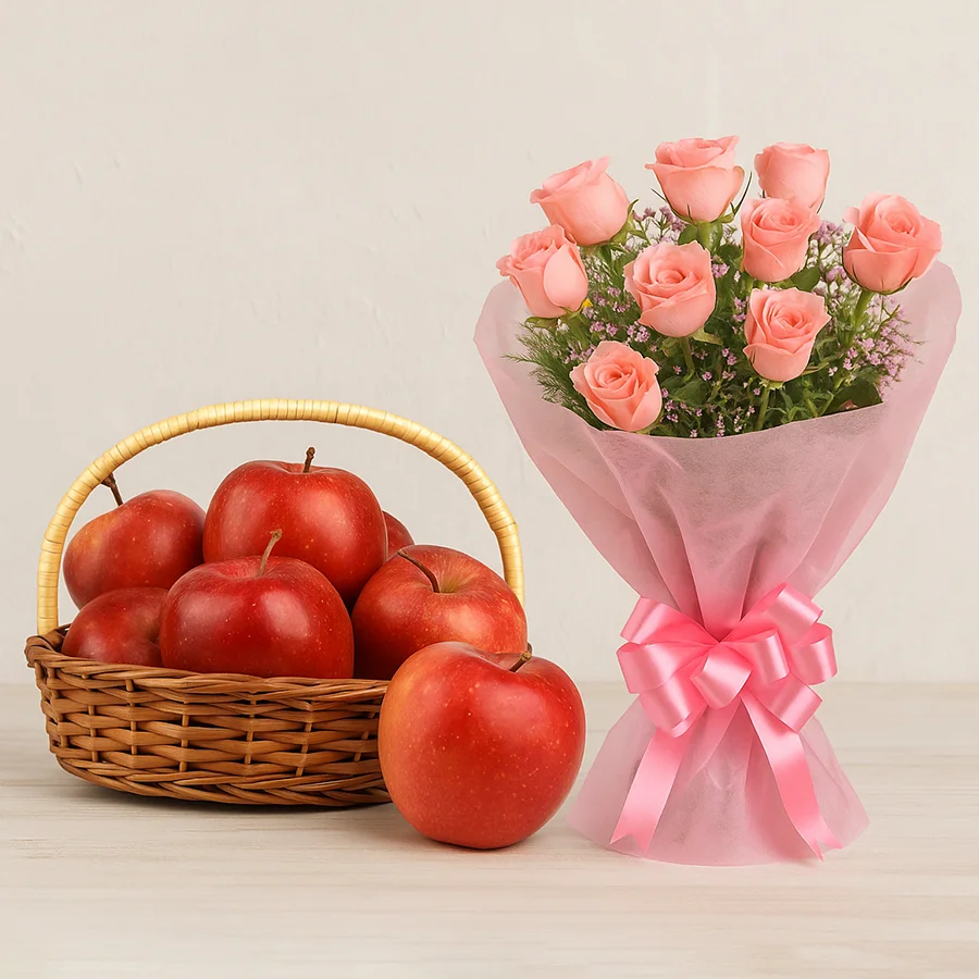 Gift basket featuring 2 kg of fresh apples and a bouquet of 12 pink roses.