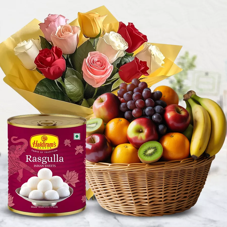 Gift combo featuring a 3 kg mixed fruits basket, 10 mixed roses bouquet, and 1 kg Haldiram Rasgulla.