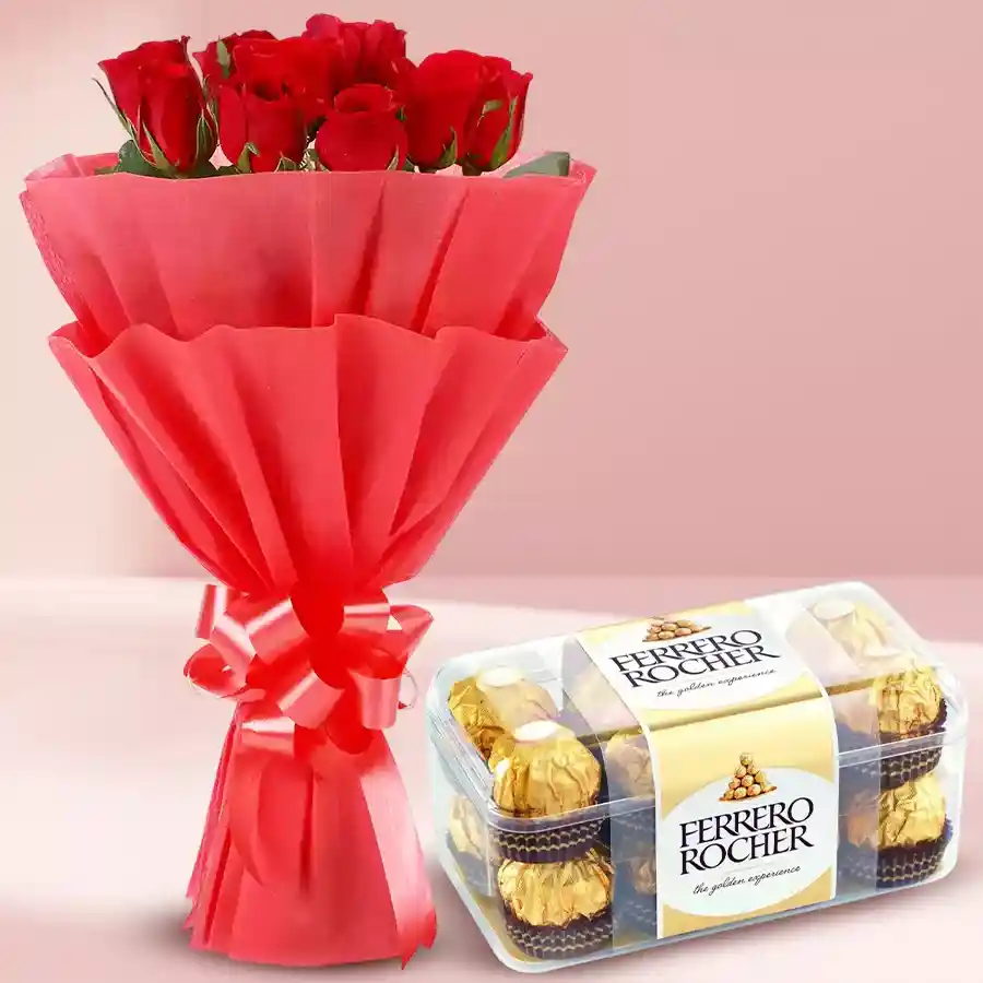 Bouquet of 10 red roses with 16 Ferrero Rocher chocolates, ideal for midnight delivery.