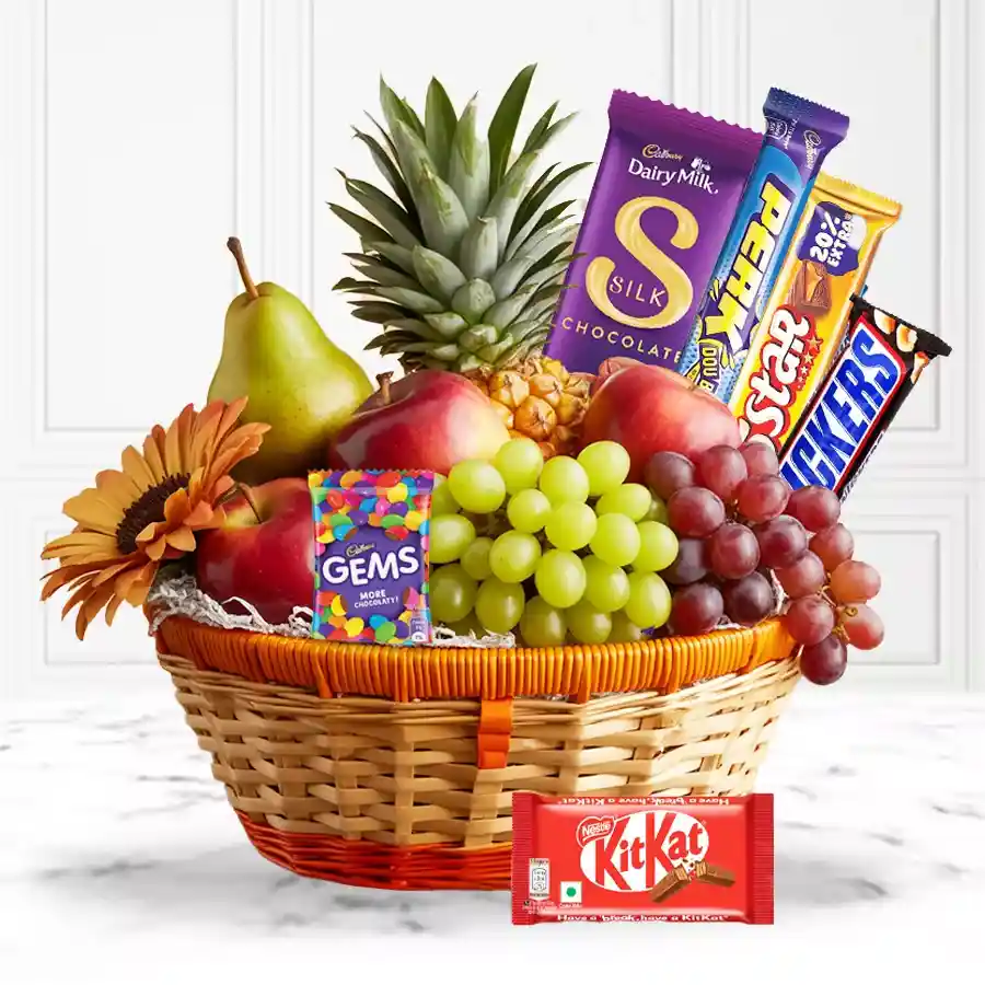 A charming gift hamper filled with assorted chocolates and seasonal fruits, perfect for Mother's Day celebrations.