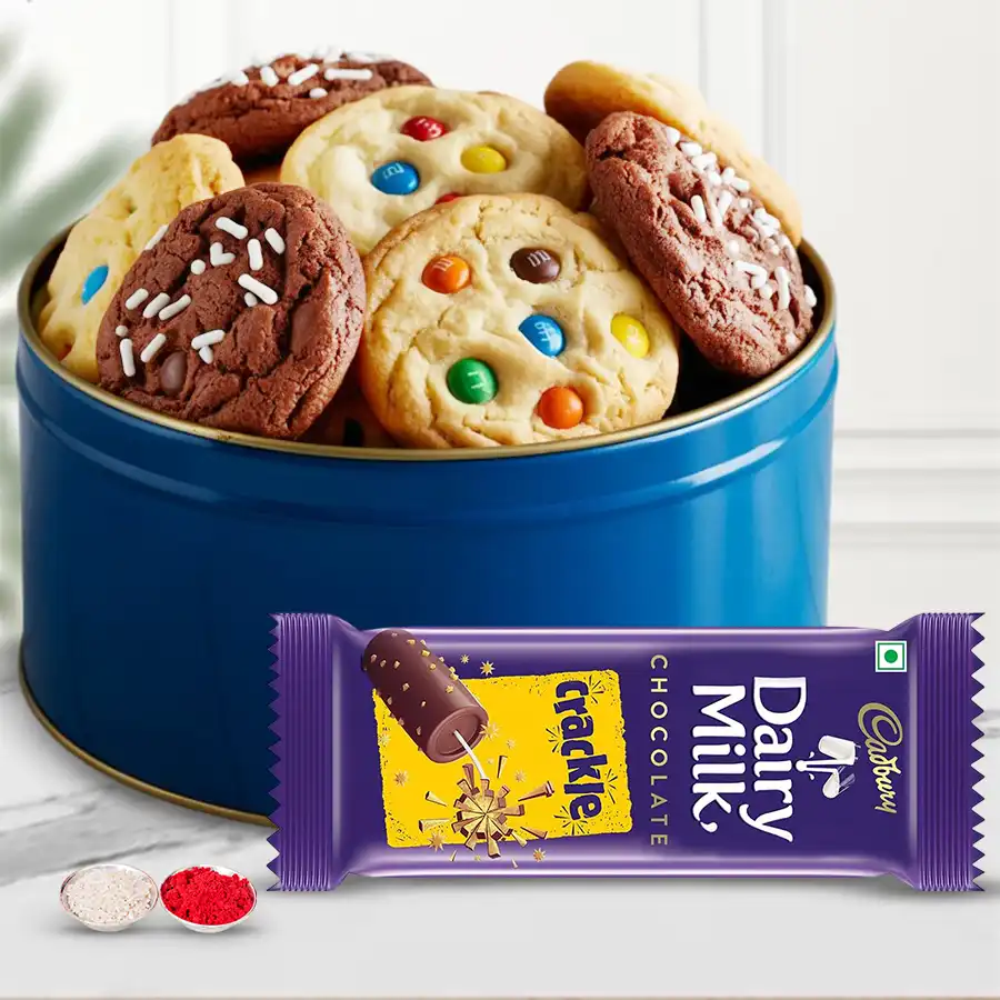 Dairy Milk Crackle and Cookies Combo with Roli Tika and Chawal for Bhai Dooj.