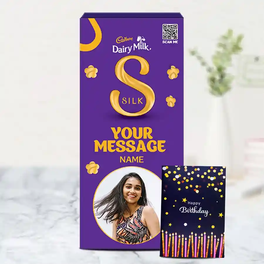Personalized Cadbury Dairy Milk Silk Bar with a birthday card and customized photo