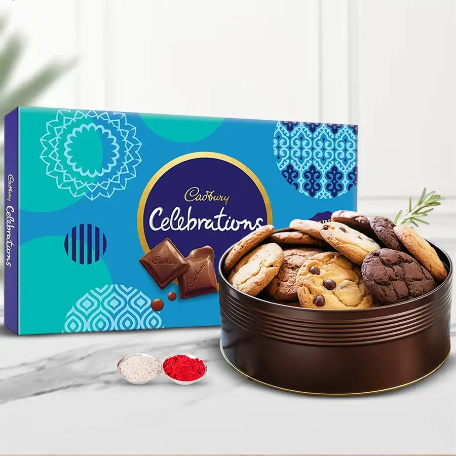 Cadbury Celebrations N Assorted Cookies Combo for Bhai Dooj with free Roli Tika and Chawal.