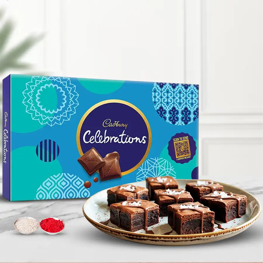 Heartfelt Bhai Dooj Brownie Gift with Cadbury Celebrations, Roli Tika, and Chawal.